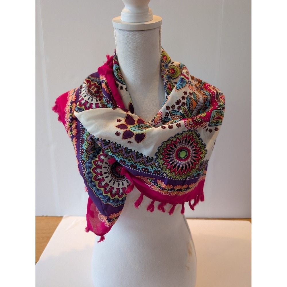 Boho Mandala Paisley Square Scarf 31 X 31 Magenta Tassel Fringe Wrap